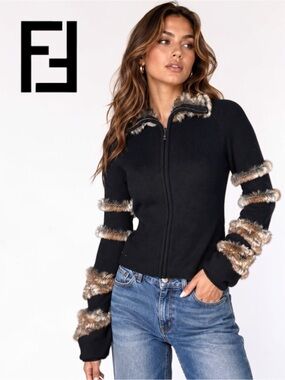 Vintage FENDI Y2K Cashmere Black Knit w Brown Fur Trim Zip Sweater Cardigan - 42
